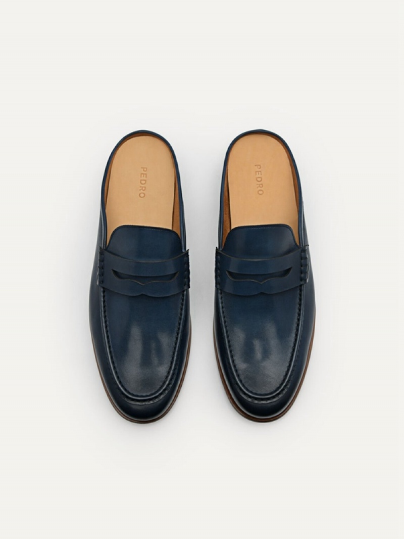 Navy Men's Pedro Blake Leather Slip-On Loafers | KZIQTV-618