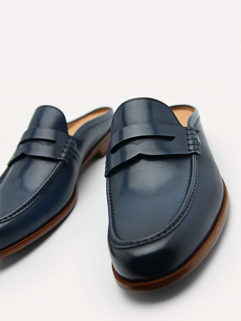 Navy Men's Pedro Blake Leather Slip-On Loafers | KZIQTV-618