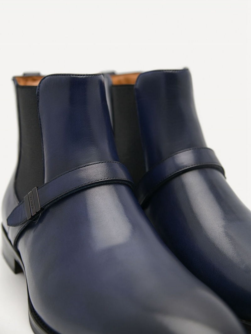 Navy Men's Pedro Brooklyn Leather Strapped Boots | XSOEJA-693