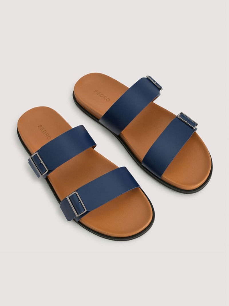 Navy Men's Pedro Double Band Slides | ILCKNF-825