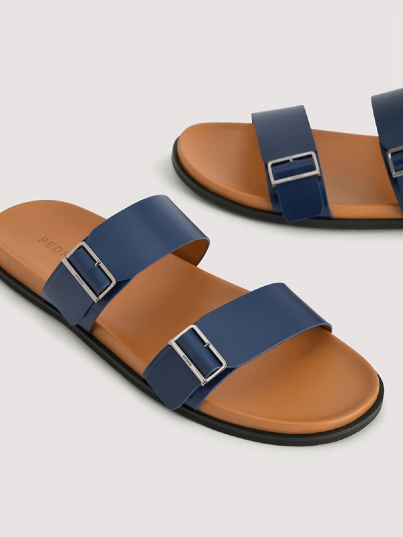 Navy Men's Pedro Double Band Slides | ILCKNF-825