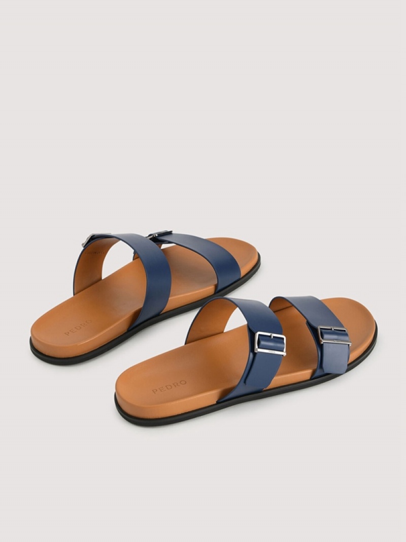 Navy Men's Pedro Double Band Slides | ILCKNF-825