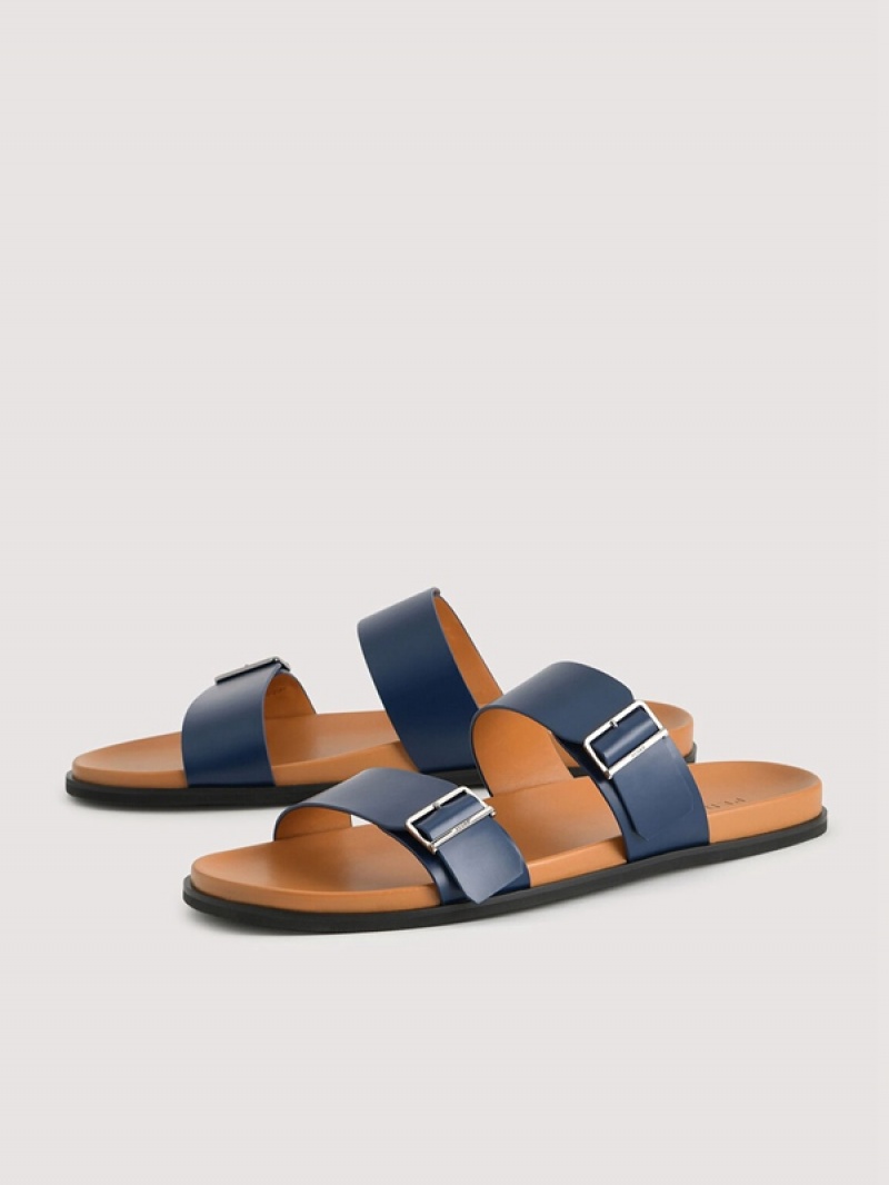 Navy Men's Pedro Double Band Slides | ILCKNF-825