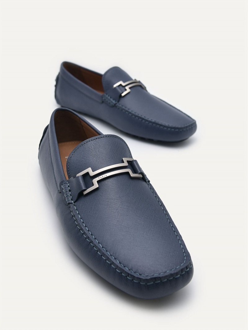 Navy Men's Pedro Embossed Leather Moccasins | IKVANM-485