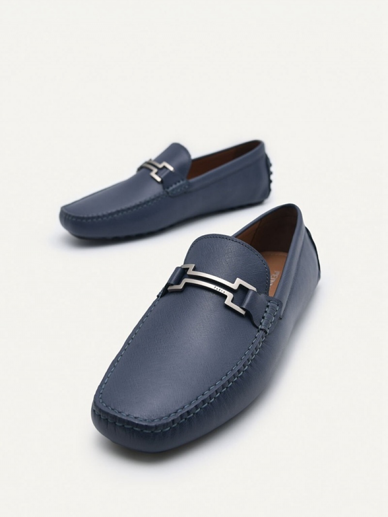 Navy Men's Pedro Embossed Leather Moccasins | IKVANM-485