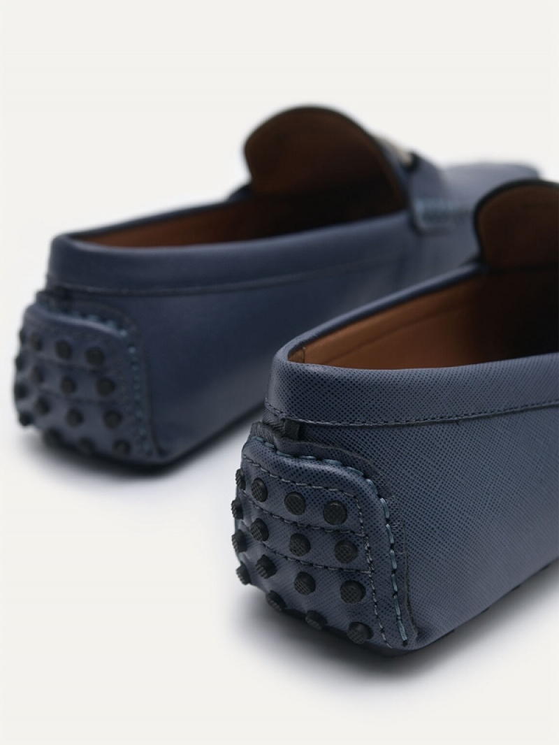 Navy Men's Pedro Embossed Leather Moccasins | IKVANM-485