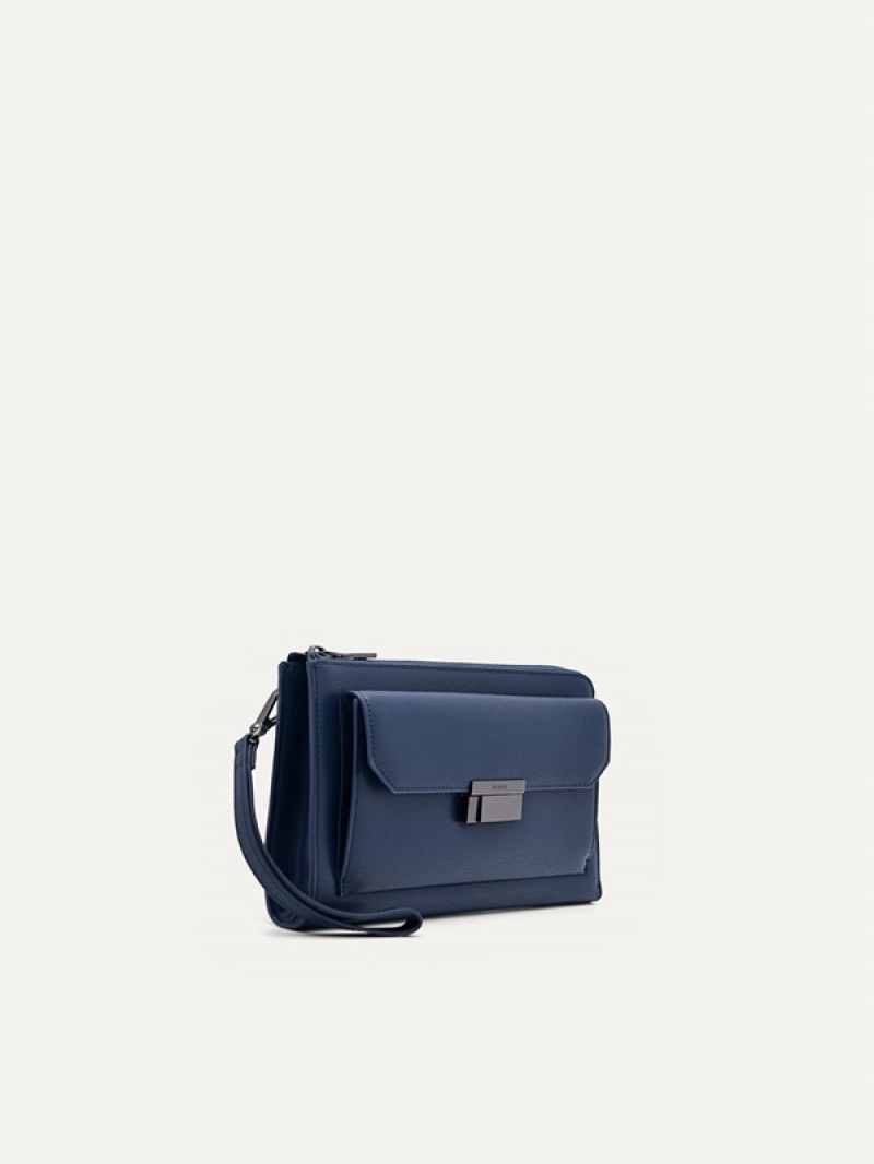 Navy Men's Pedro Henry Leather Clutch Bag | YGFMBZ-596