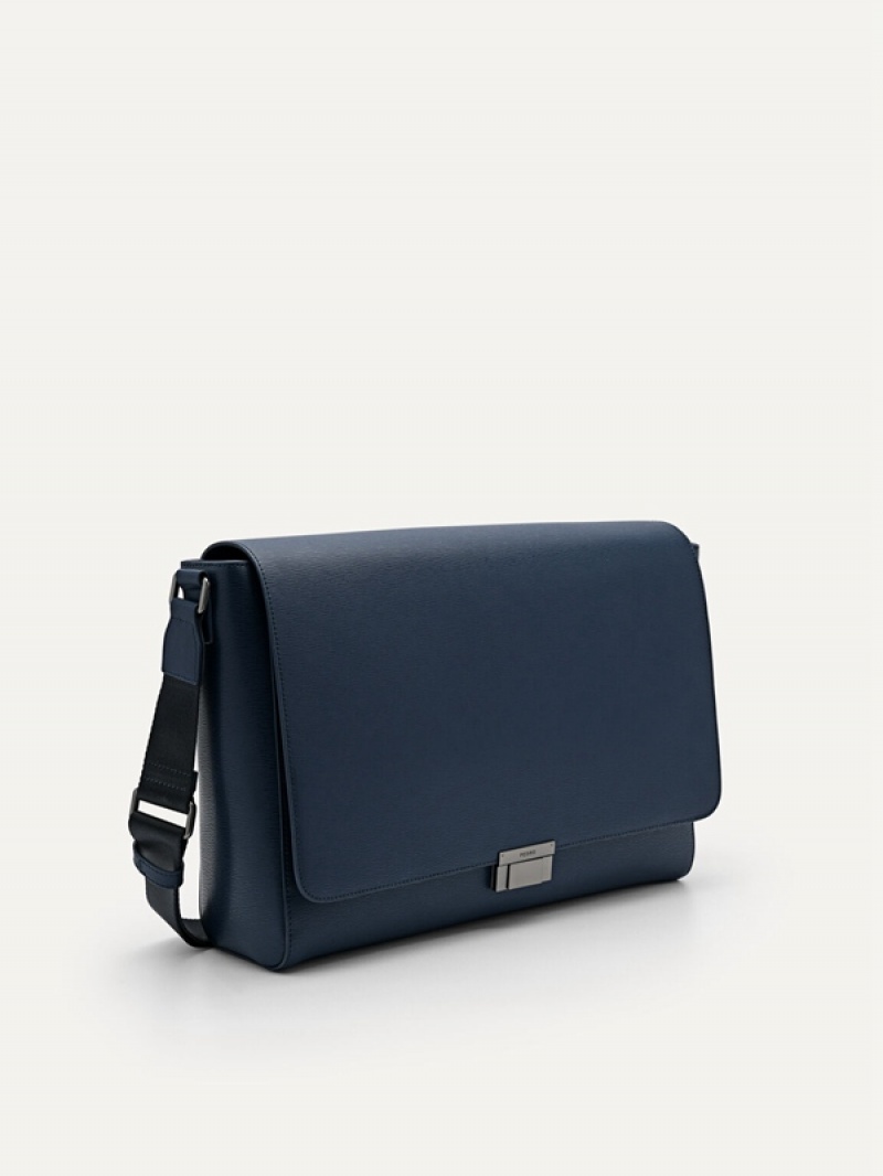 Navy Men's Pedro Henry Leather Messenger Bags | SQOUVC-457