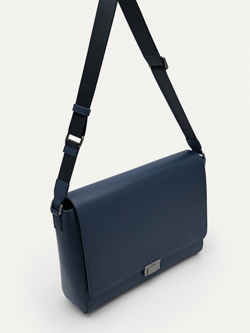 Navy Men's Pedro Henry Leather Messenger Bags | SQOUVC-457