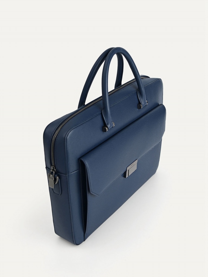 Navy Men's Pedro Henry Textured Leather Briefcase | CJXMAI-739