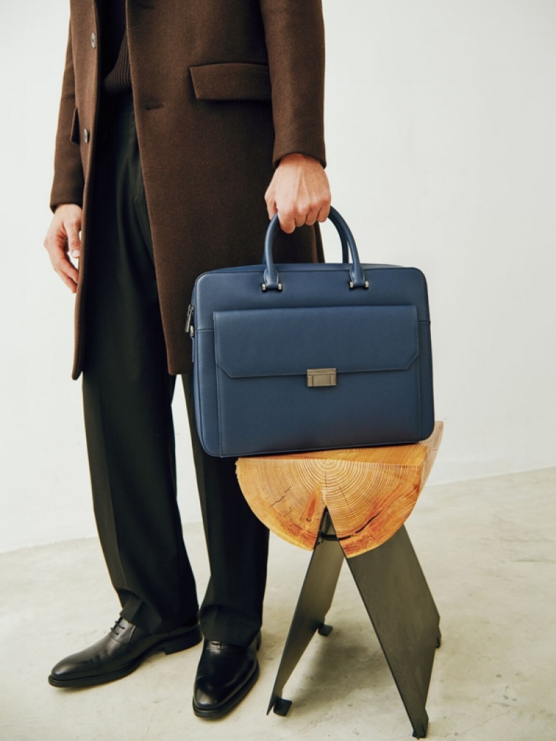 Navy Men's Pedro Henry Textured Leather Briefcase | CJXMAI-739