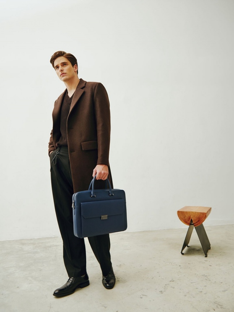 Navy Men's Pedro Henry Textured Leather Briefcase | CJXMAI-739