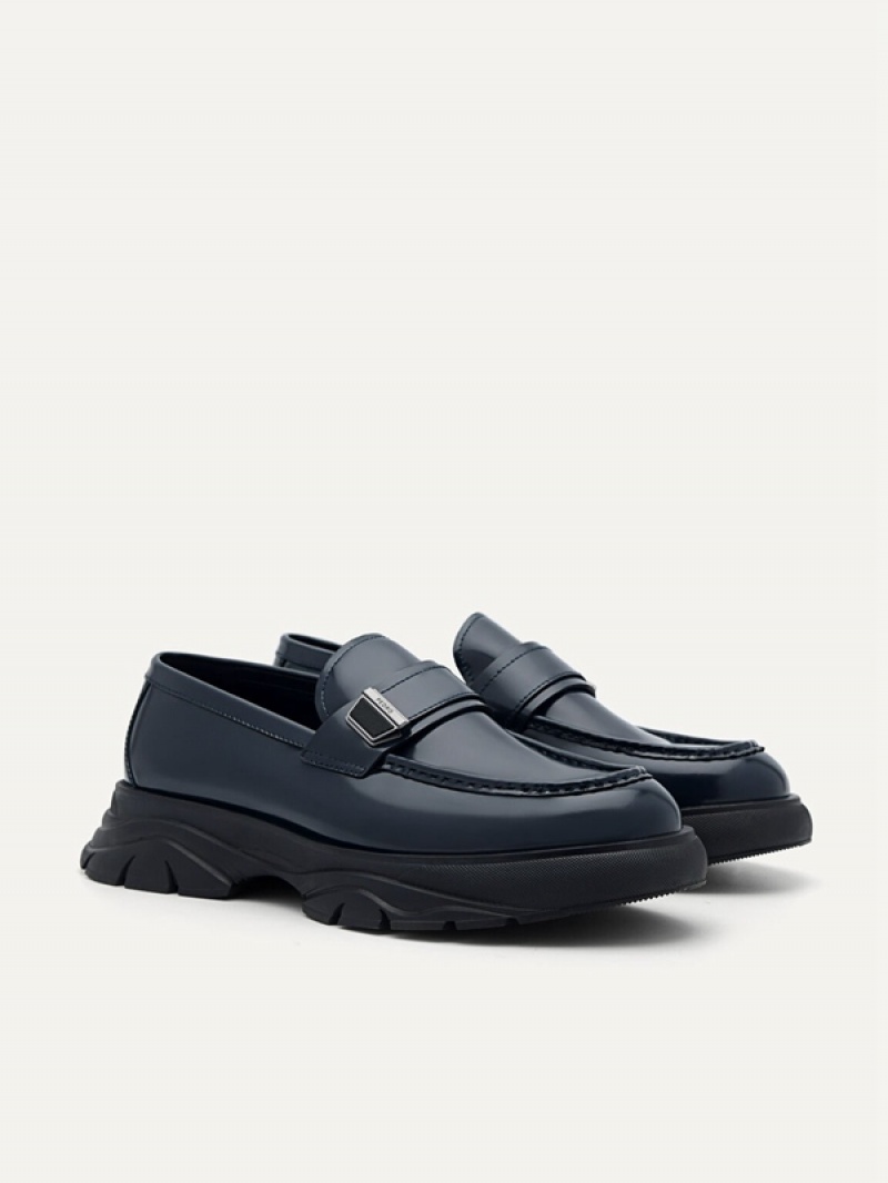 Navy Men's Pedro Hybrix Leather Loafers | AKDXZO-407