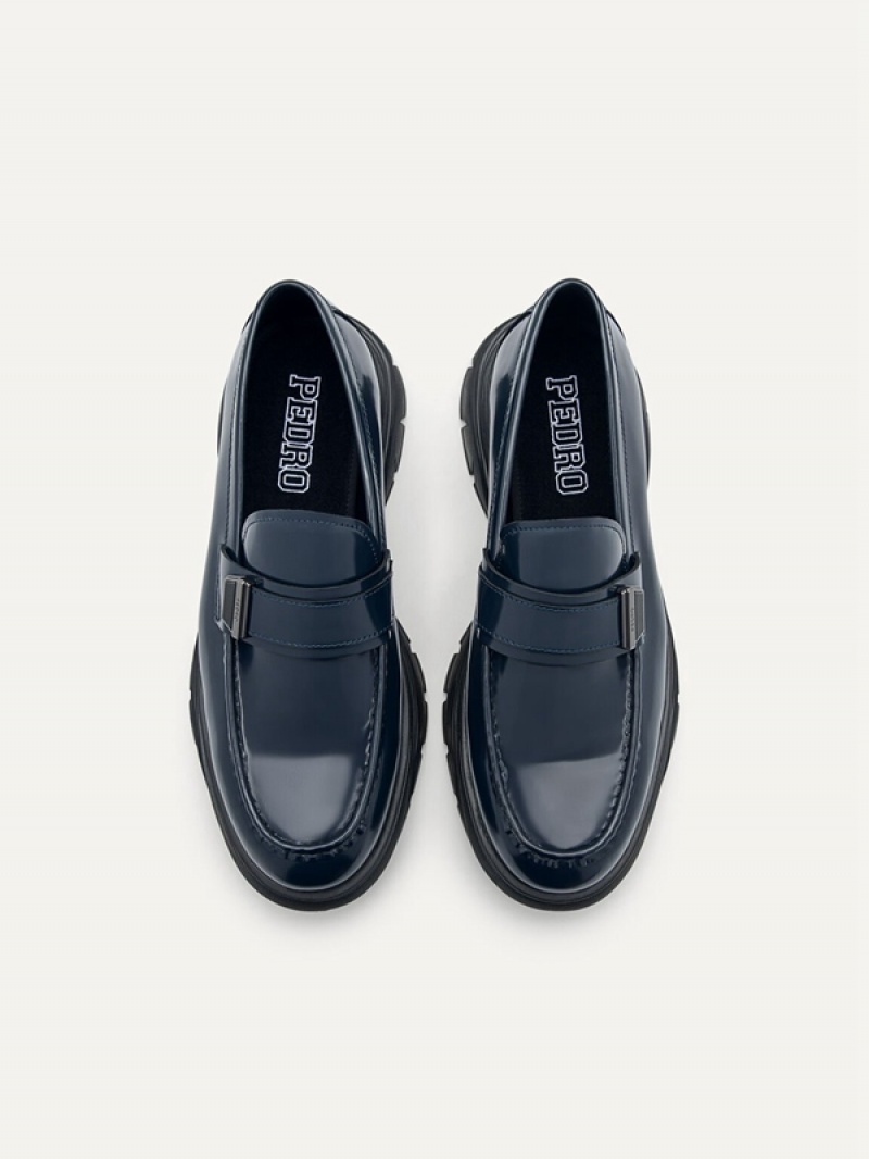 Navy Men's Pedro Hybrix Leather Loafers | AKDXZO-407