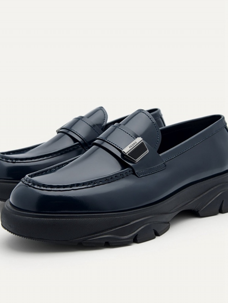 Navy Men's Pedro Hybrix Leather Loafers | AKDXZO-407