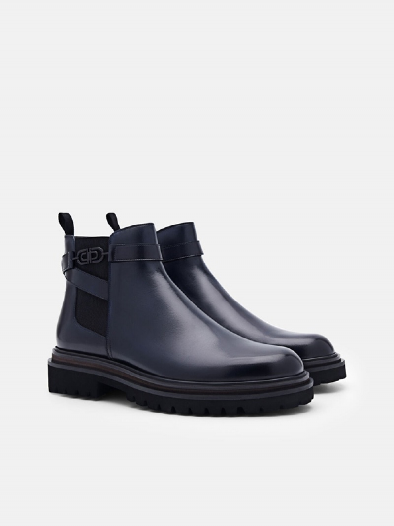 Navy Men's Pedro Icon Leather Chelsea Boots | KZBLET-920