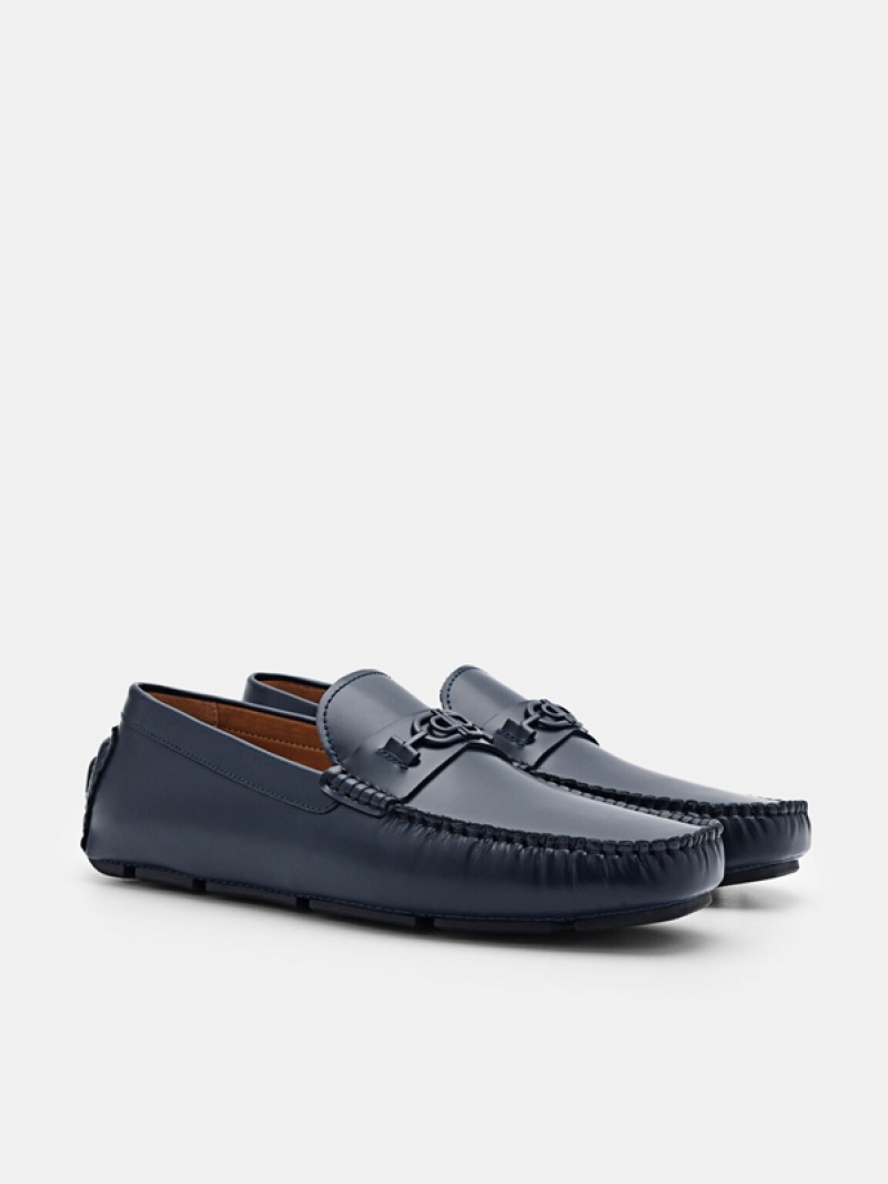 Navy Men's Pedro Icon Leather Moccasins | BFVGKM-701