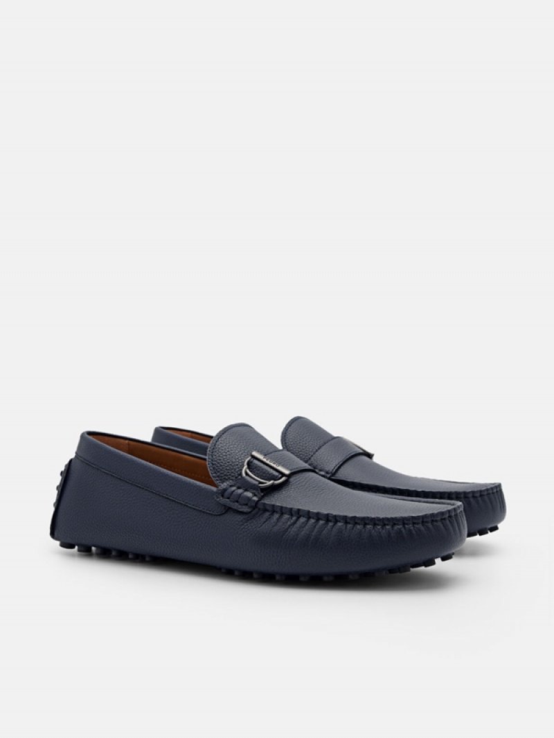 Navy Men's Pedro Jackson Leather Moccasins | DBTIJU-570