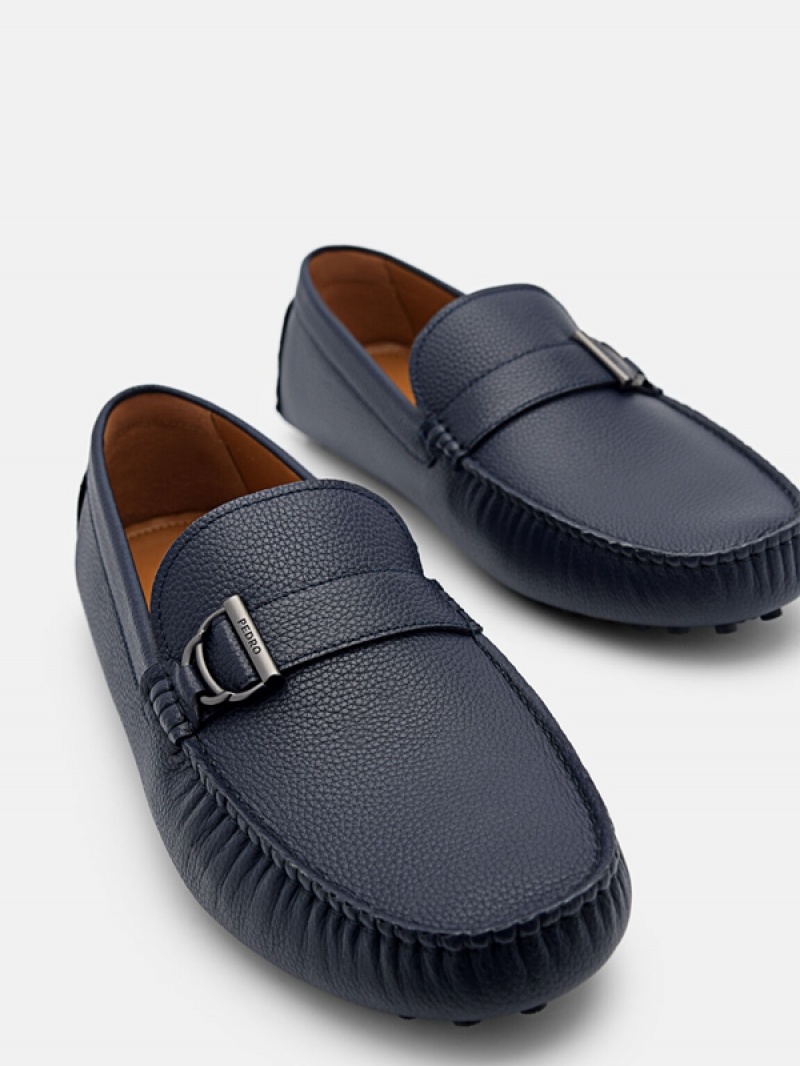 Navy Men's Pedro Jackson Leather Moccasins | DBTIJU-570