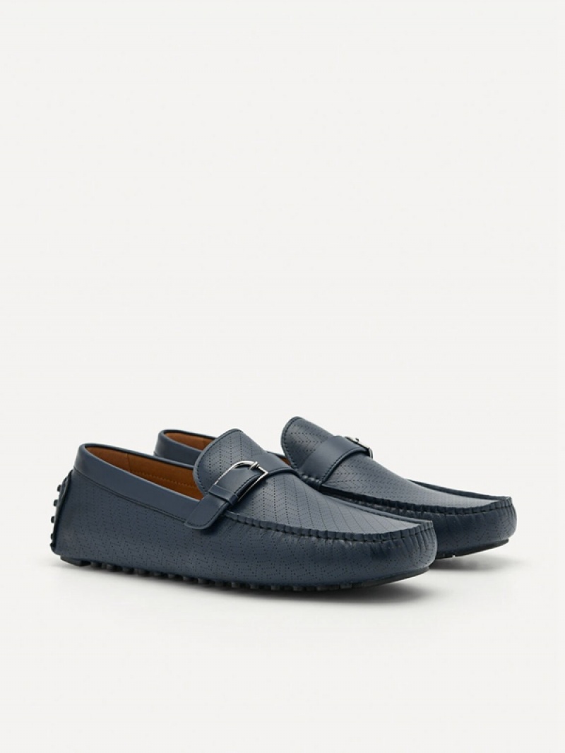 Navy Men's Pedro Leather Band Buckle Moccasins | VQWJER-478