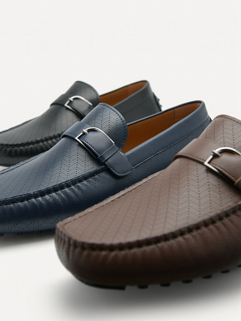 Navy Men's Pedro Leather Band Buckle Moccasins | VQWJER-478