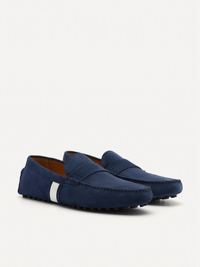 Navy Men's Pedro Leather Band Moccasins | MQKXYP-526