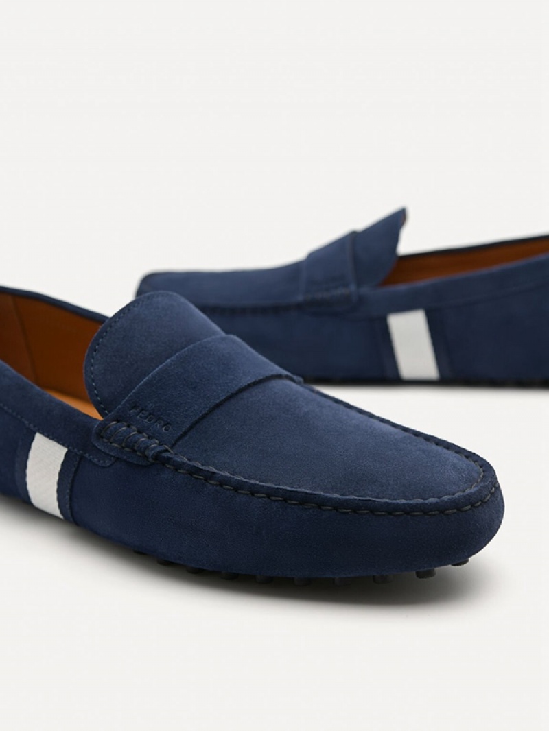 Navy Men's Pedro Leather Band Moccasins | MQKXYP-526