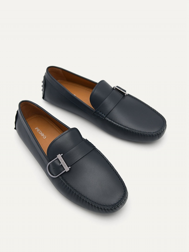 Navy Men's Pedro Leather Driving with Adjustable Strap Moccasins | DLJGKW-513