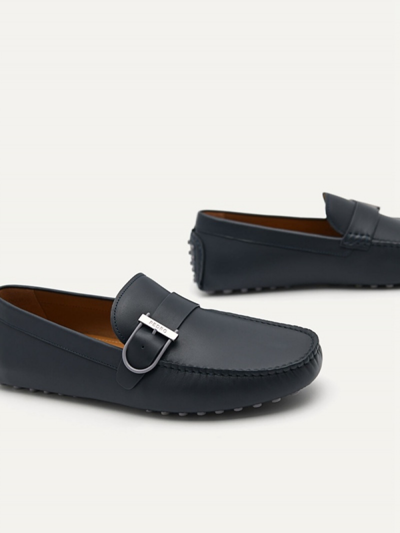 Navy Men's Pedro Leather Driving with Adjustable Strap Moccasins | DLJGKW-513