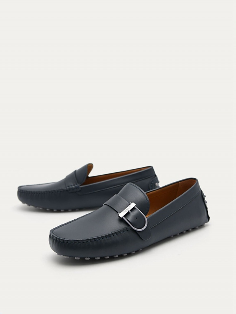 Navy Men's Pedro Leather Driving with Adjustable Strap Moccasins | DLJGKW-513