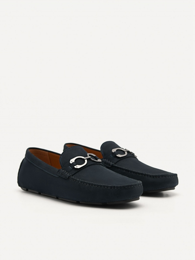 Navy Men's Pedro Leather Horsebit Moccasins | XETFDC-673