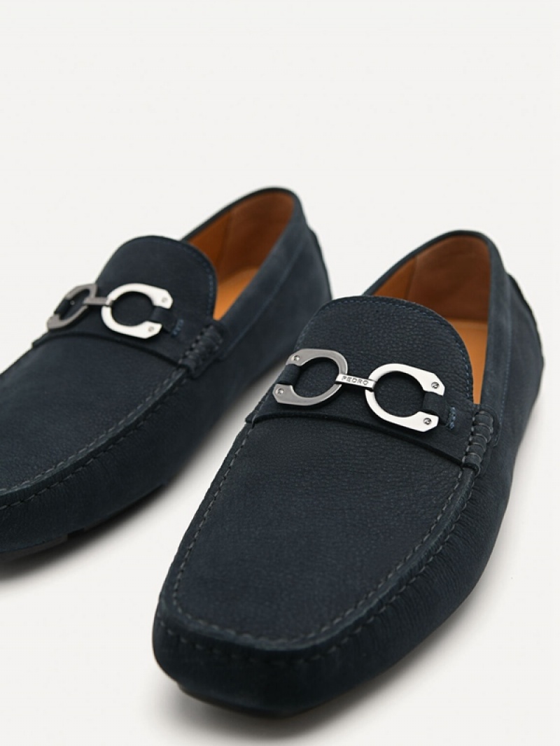 Navy Men's Pedro Leather Horsebit Moccasins | XETFDC-673