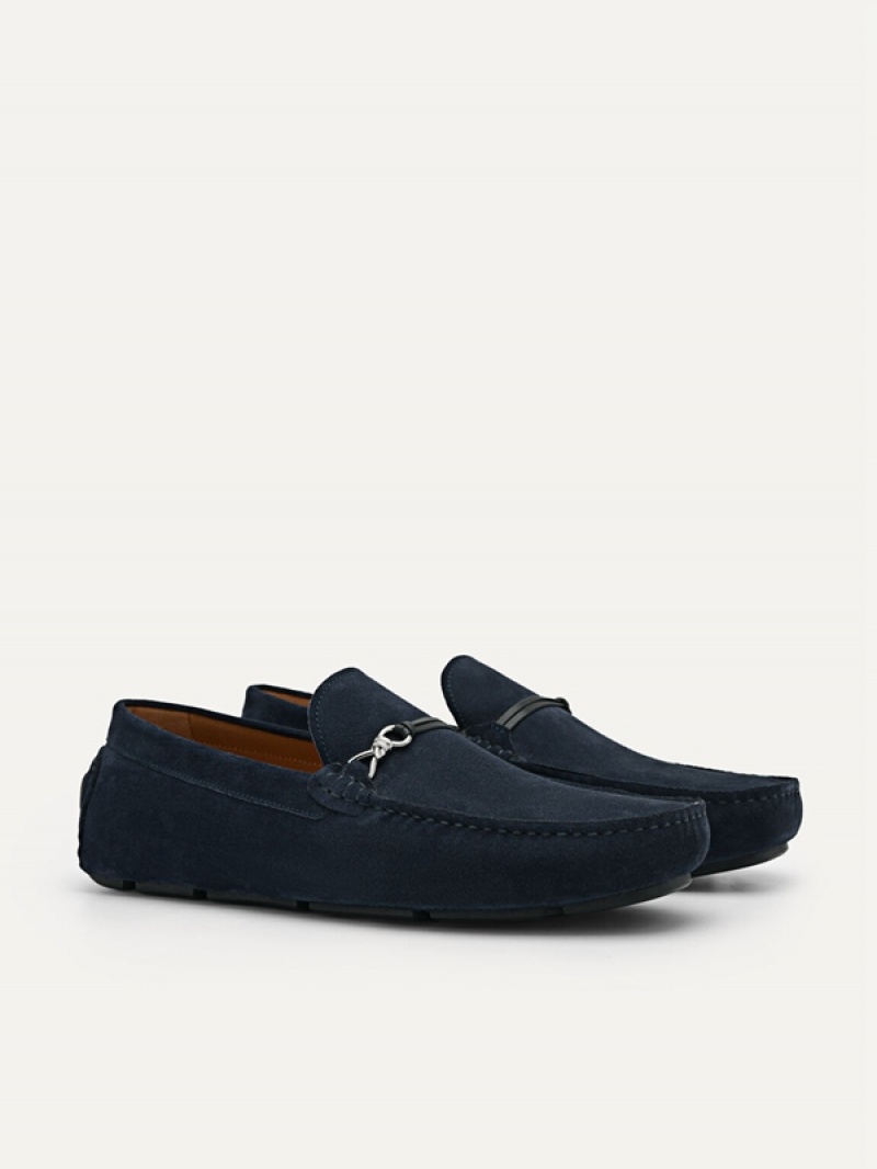 Navy Men's Pedro Leather Metal Bit Moccasins | CZDJKT-375