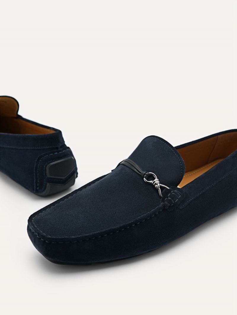 Navy Men's Pedro Leather Metal Bit Moccasins | CZDJKT-375