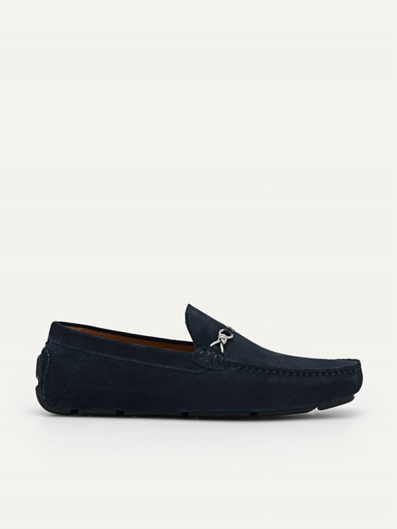 Navy Men\'s Pedro Leather Metal Bit Moccasins | CZDJKT-375