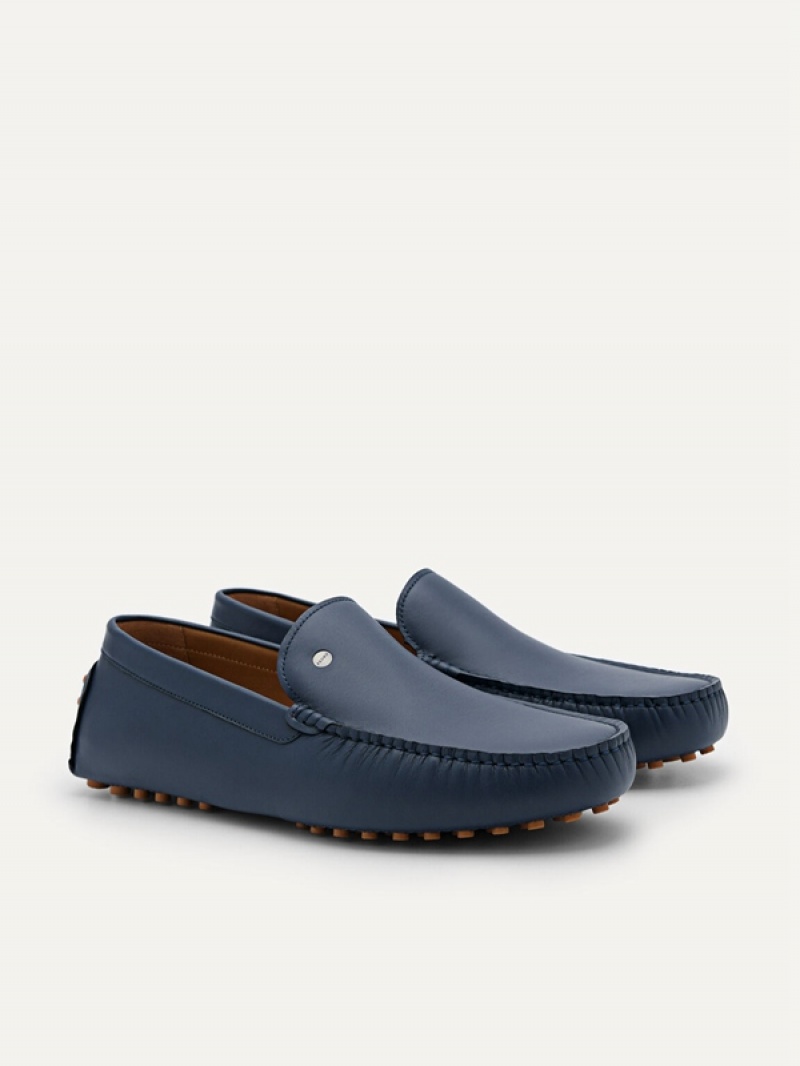 Navy Men's Pedro Leather Moccasins | VHNELA-107