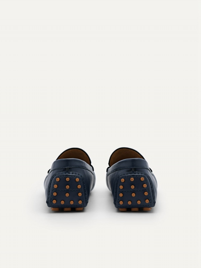 Navy Men's Pedro Leather Moccasins | VHNELA-107