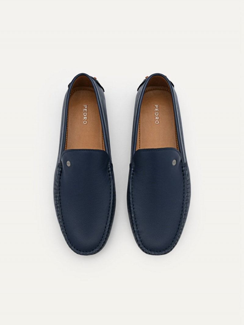 Navy Men's Pedro Leather Moccasins | VHNELA-107