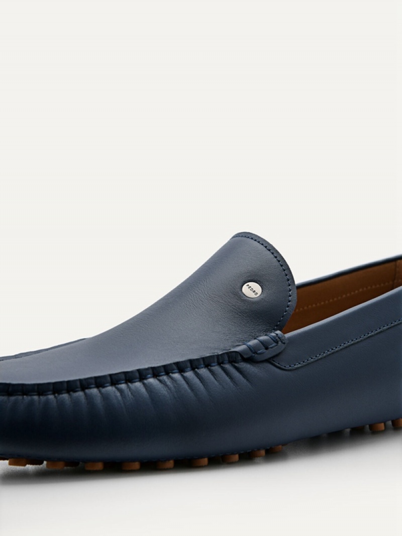 Navy Men's Pedro Leather Moccasins | VHNELA-107