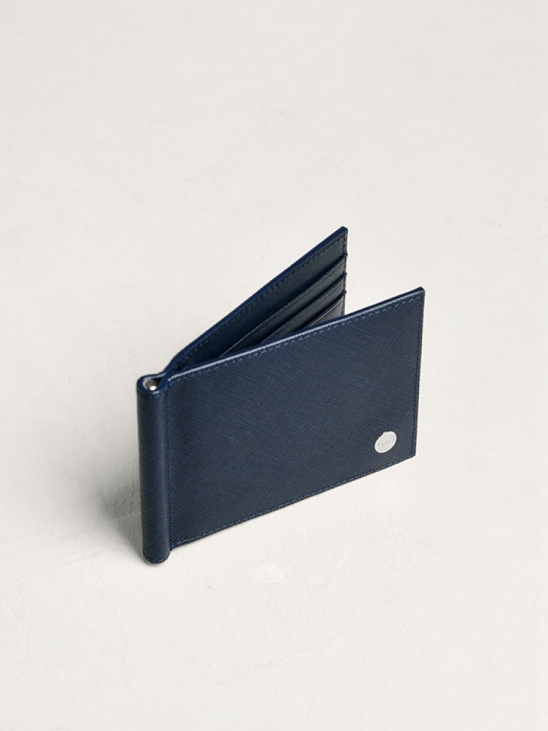 Navy Men's Pedro Leather Money Clip Cardholder Bifold Wallet | XEGDTC-349