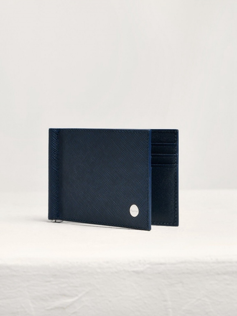 Navy Men's Pedro Leather Money Clip Cardholder Bifold Wallet | XEGDTC-349