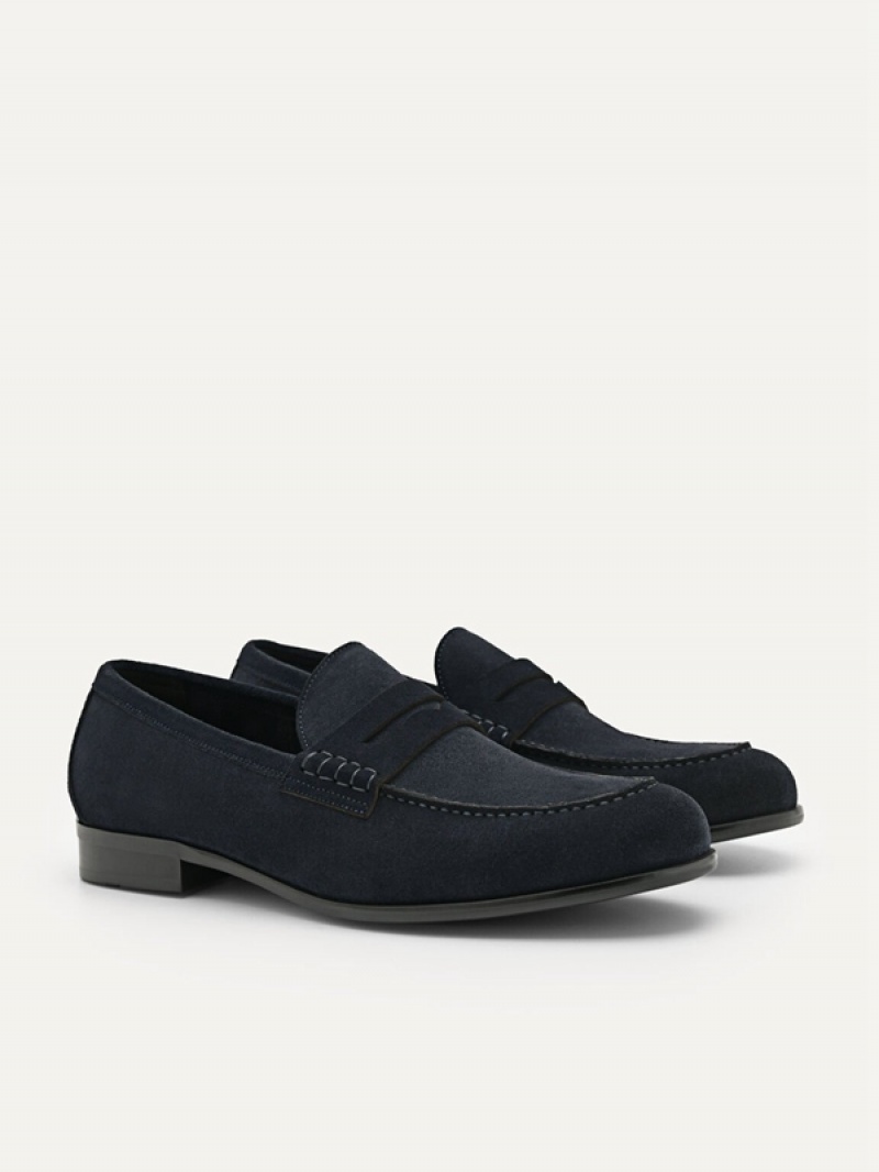 Navy Men's Pedro Leather Penny Loafers | IEXKCY-703