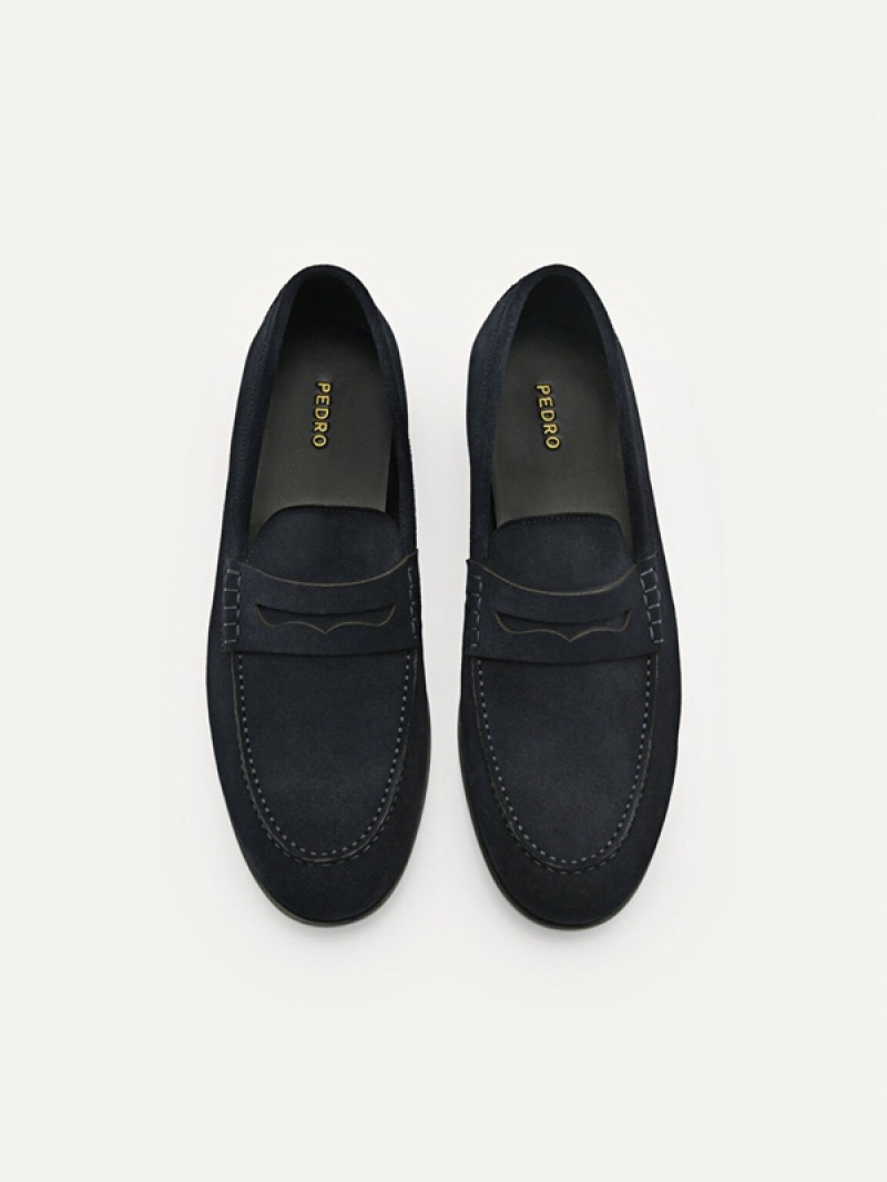 Navy Men's Pedro Leather Penny Loafers | IEXKCY-703