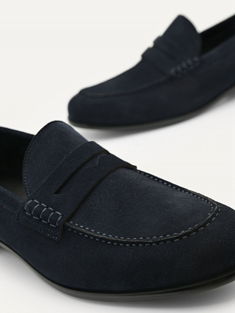 Navy Men's Pedro Leather Penny Loafers | IEXKCY-703