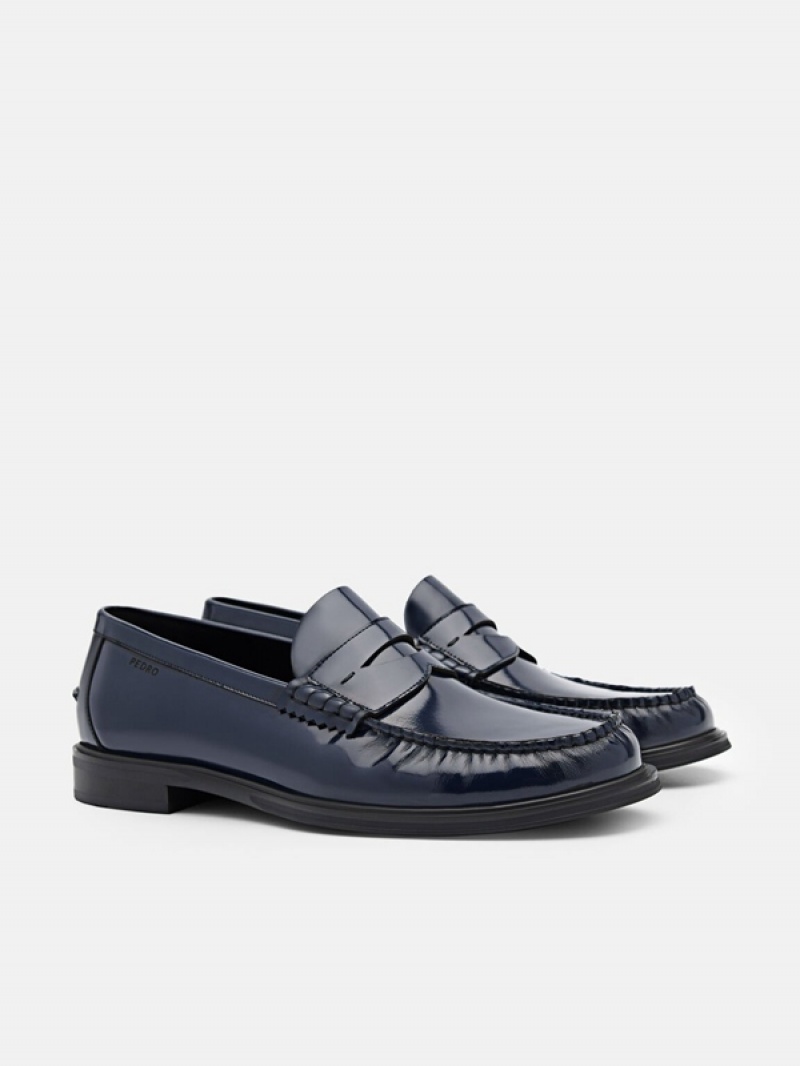 Navy Men's Pedro Leather Penny Loafers | XQZEFM-062