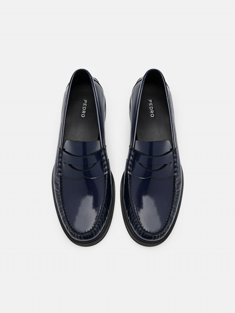 Navy Men's Pedro Leather Penny Loafers | XQZEFM-062