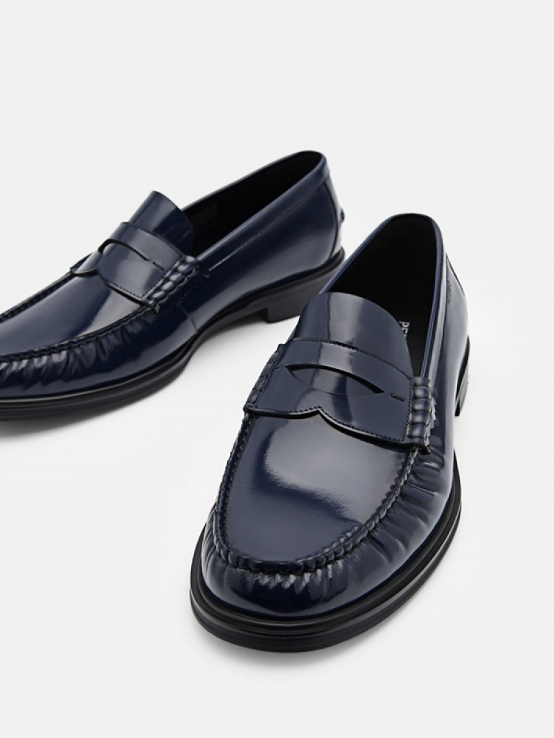 Navy Men's Pedro Leather Penny Loafers | XQZEFM-062