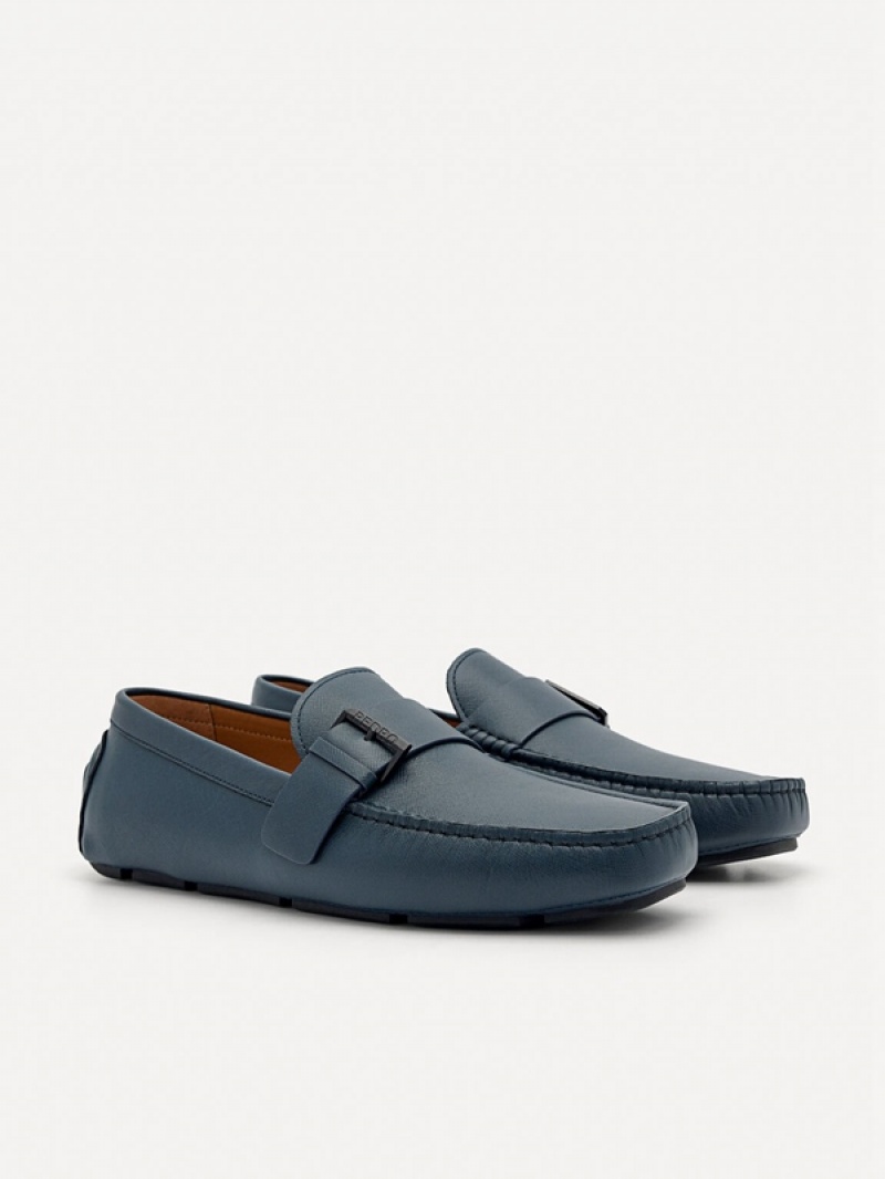 Navy Men's Pedro Leather Strap Moccasins | WHIBAF-486