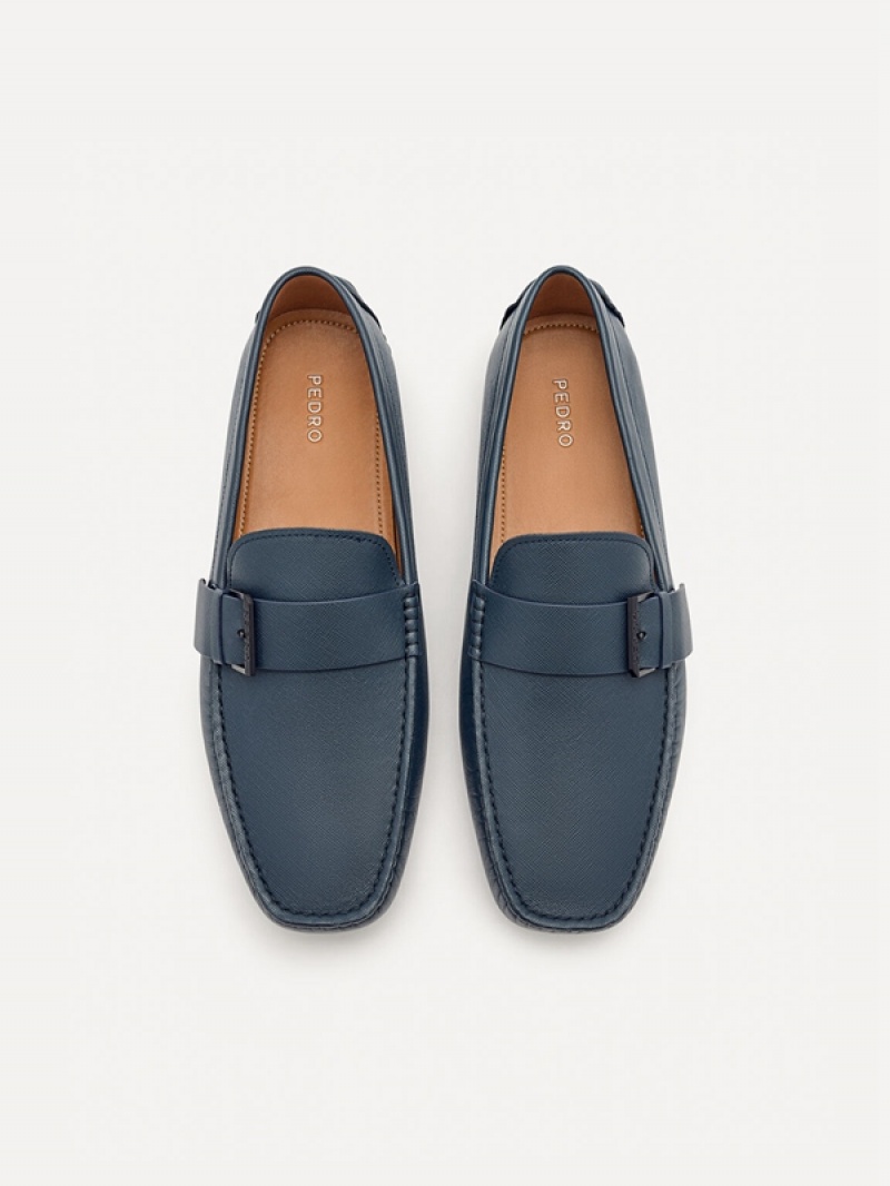 Navy Men's Pedro Leather Strap Moccasins | WHIBAF-486