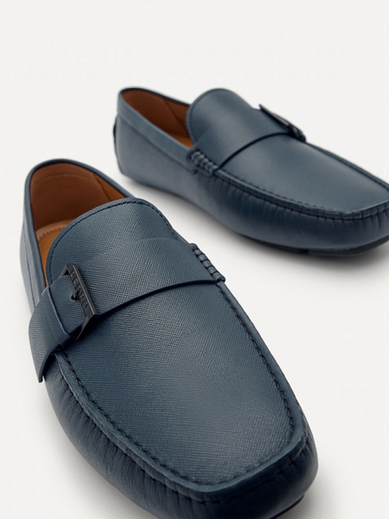 Navy Men's Pedro Leather Strap Moccasins | WHIBAF-486